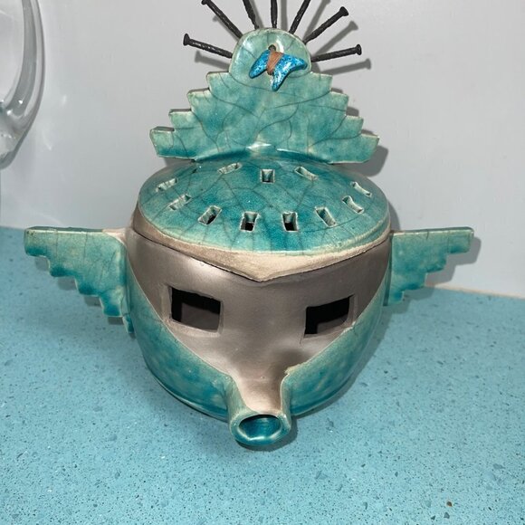 Barbara Heard Ceramic Lantern Signed Bird Head Blue Gray Handmade Pottery Candle - Picture 12 of 13